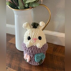 Springtime Flowerpot Bunny Crochet Plushie Handcrafted in Soft Snuggle Yarn